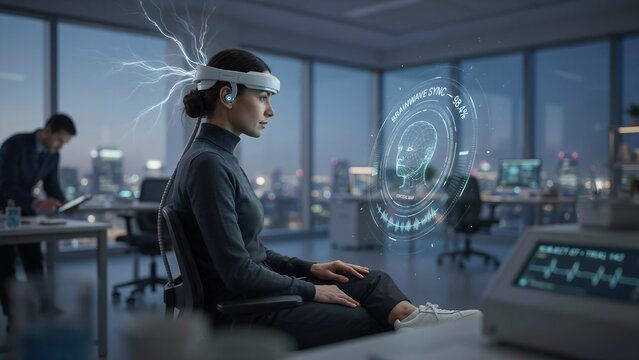 Woman wearing neural interface headset with holographic brain display showing synaptic connection data points for medical research in high tech laboratory setting.