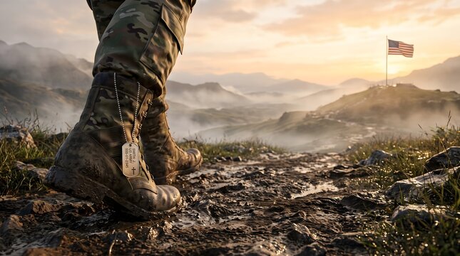 Veterans Day remembrance with military boots and american flag at sunset