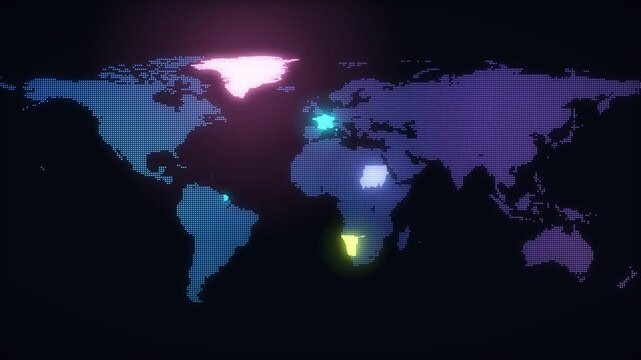 Dotted world map with individual countries lighting up in glowing neon colors one by one