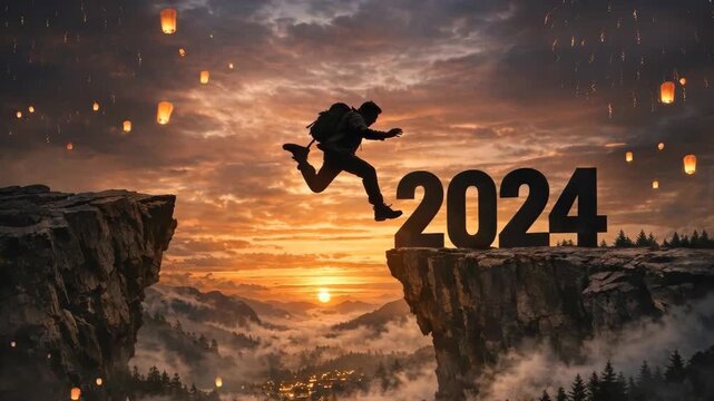 Silhouette of a hiker leaping toward 2024 on a mountain cliff at sunset