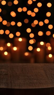 Rustic Dark Wooden Table Top Surrounded By Festive Golden Bokeh Lights In A Cozy Romantic Setting