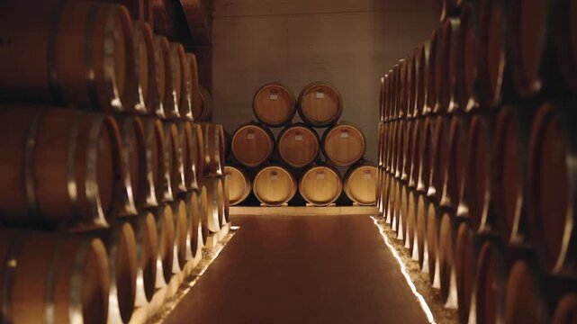 Rows of oak barrels aging fine red wine stacked in the dark, traditional cellar of a winery. The wooden casks are storing alcoholic beverages for fermentation and developing complex flavors