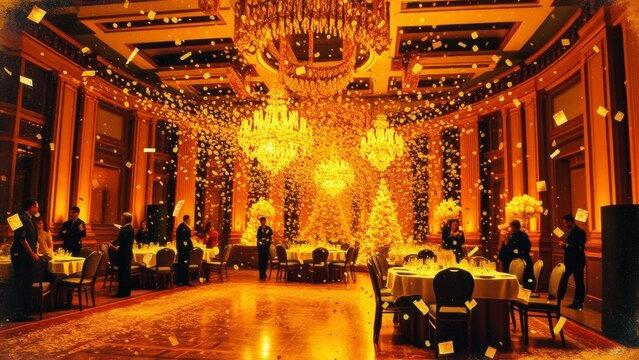 Luxurious ballroom gala with gold confetti falling from ceiling