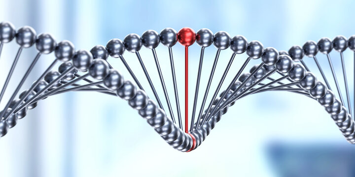 Metallic dna helix with highlighted red nucleotide for biomedical poster and scientific banner design and laboratory concept