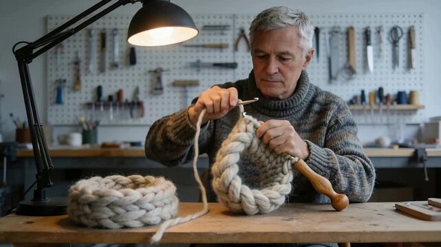 Threading senior man in sweater pulling thick yarn with wooden tool at bench, finishing basket left