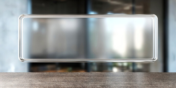 Transparent glass ui panel mockup floating over blurred interior scene for interface banner and website design in glassmorphism style
