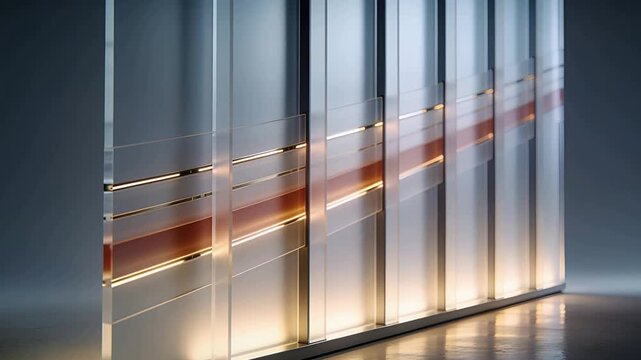 Starting lighting, amber band traveling across translucent panels in gallery, creating floor glow