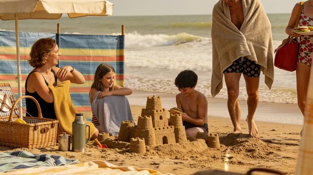 Handing tool, mom in swimsuit helping kids shape sandcastle at beach as adults returning to dry