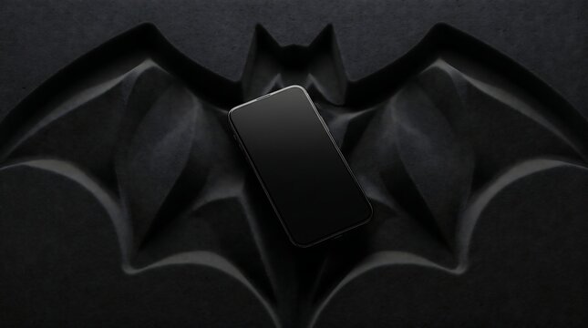 Sleek smartphone mockup on a dark 3D bat silhouette background with cinematic lighting