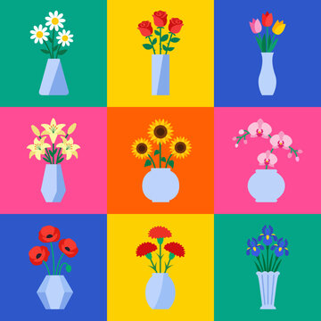 Flower bouquet in vase icon set. Rose, tulip, sunflower, orchid, daisy and lily blooming plants collections for greeting card template. Flat design. Isolated. Colorful background. Vector Illustration