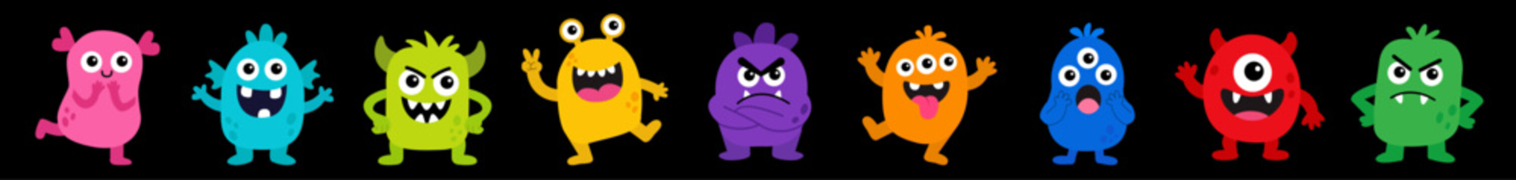 Cute colorful monster character horizontal border set. Kawaii funny alien mascots collection with various emotions for kids party banner, sticker. Flat design. Isolated. Black background. Vector