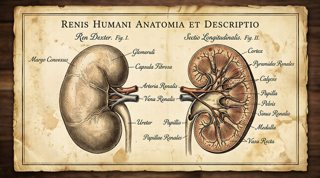 Vintage Anatomical Diagram of Human Kidney Exterior and Cross Section with Detailed Latin Labels