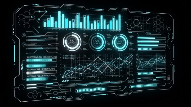 Futuristic HUD Dashboard Interface with Data Charts Analytics and Neon Cyan Graphics