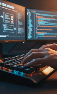 Skilled programmer's hands expertly navigate a backlit keyboard, immersed in a dynamic digital development environment with intricate code and data displayed across multiple illuminated screens