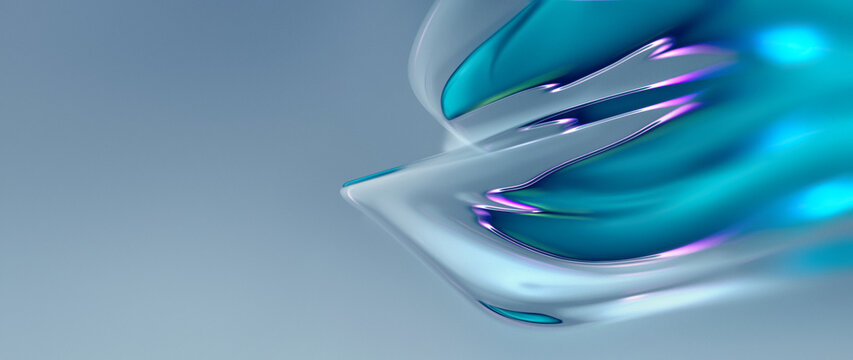 Abstract Fluid Glass Waves Background with Violet Neon Light Gradients and Turquoise Shapes