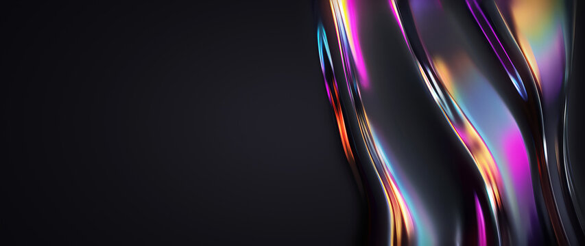 Abstract dark background with iridescent holographic fluid glass waves and copy space