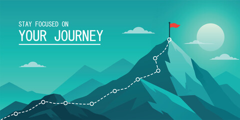 Obraz premium Mountain Peak with Red Flag and Climbing Route, Business Goal Concept