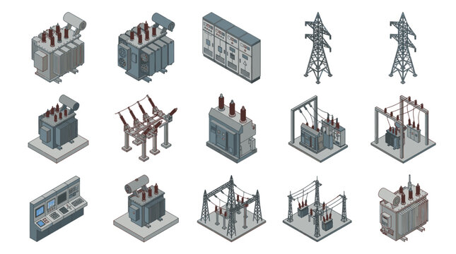 Corporate Isometric Set of Electrical Power Transformers Substations and Grid Infrastructure in Blue Gray and Red