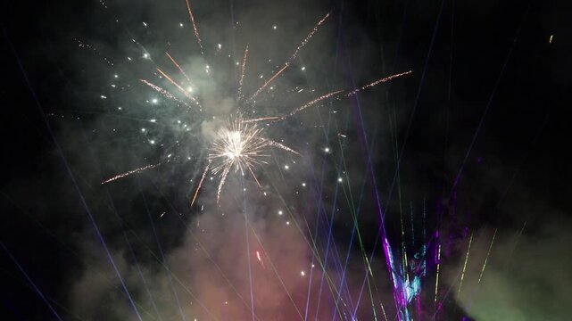 Colorful Fireworks and Laser Beams Lighting Up the Night Sky