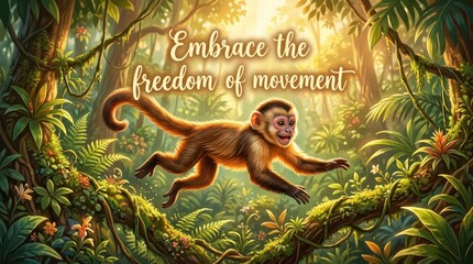 Obraz premium Happy Capuchin Monkey Jumping Through Lush Tropical Jungle with Inspirational Text Overlay