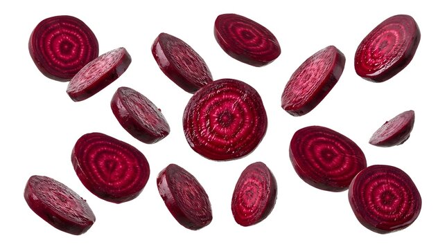Fresh sliced beetroot floating on a white background, displaying its vibrant color and circular pattern