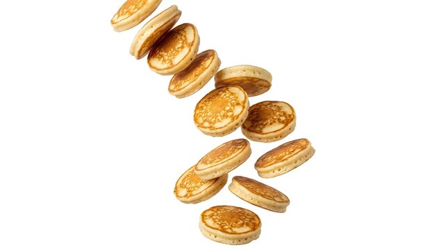 A pile of mini pancakes falling down from the top. They are golden brown with a light texture.