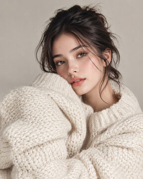 Serene Young Woman Wearing Cozy Oversized White Knitted Sweater in Soft Studio Portrait