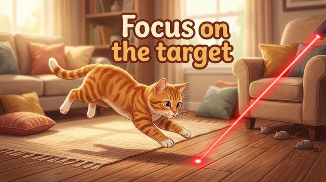 Ginger Tabby Cat Chasing Red Laser Pointer Dot on Living Room Floor