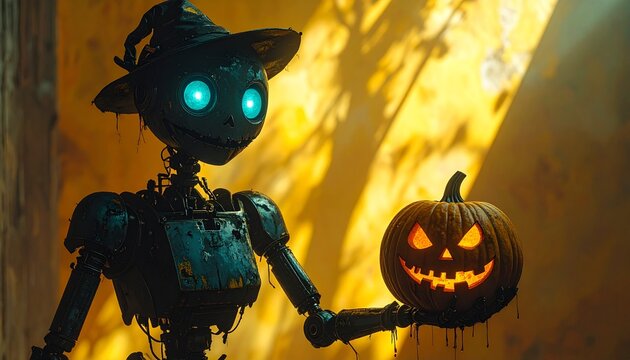 Dark witch robot holding jack o lantern pumpkin isolated on yellow background2