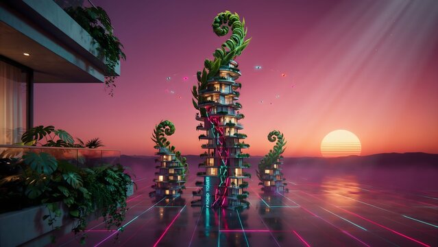 Futuristic skyscraper architecture featuring giant organic fern plant shapes under a vibrant sunset sky with glowing neon lights and grid reflections