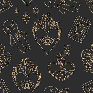 Esoteric magic seamless pattern with gold outline voodoo dolls, flaming hearts and love potion bottles on dark background. Flat vector illustration.
