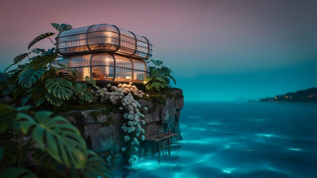 Futuristic glass house with solar panels perched on a rocky ocean cliff surrounded by tropical leaves at peaceful twilight hour
