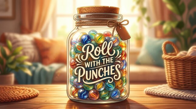 Glass Jar Filled with Colorful Marbles and Inspirational Quote Roll With The Punches Text