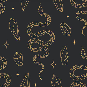 Esoteric magic seamless pattern with gold outline winding snake and faceted crystal gemstones on dark background. Flat vector illustration