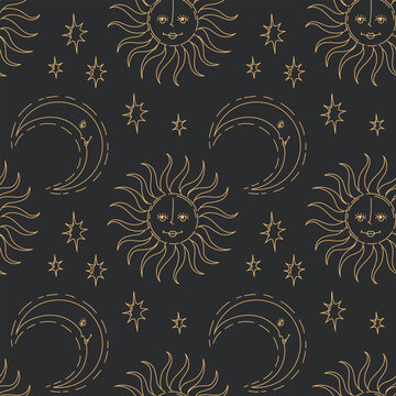 Esoteric magic seamless pattern with gold outline sun faces, crescent moons and sparkling stars on dark background. Flat vector illustration
