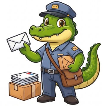 Cartoon crocodile postman in blue uniform holding an envelope and package to deliver mail