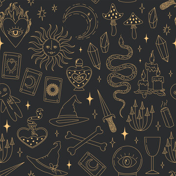 Esoteric magic seamless pattern with gold outline witchy symbols including snake, mushroom, moon and love potion on dark background. Flat vector illustration