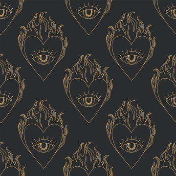 Esoteric magic seamless pattern with gold outline flaming hearts and all seeing eye symbol on dark background. Flat vector illustration