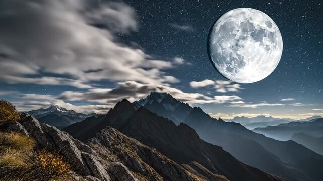 Epic scenic mountain nightscape featuring a massive moon, stars, and dramatic cloud formations, creating a breathtaking celestial panorama