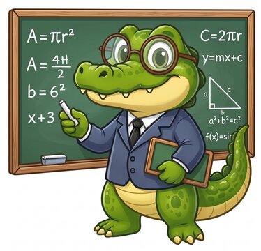 Cartoon crocodile teacher teaching mathematics at a blackboard in a school classroom