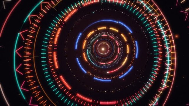 Neon ring tunnel background with concentric dashed circles rotating toward a glowing center