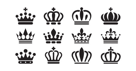 Intricate royal crown icons including cross and fleur de lis details for heritage branding and emblem design. © Md