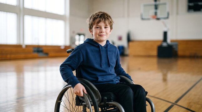 Smiling caucasian boy sitting in wheelchair on indoor basketball court. Happy disabled child and wheelchair user enjoying physical activity in school gym.