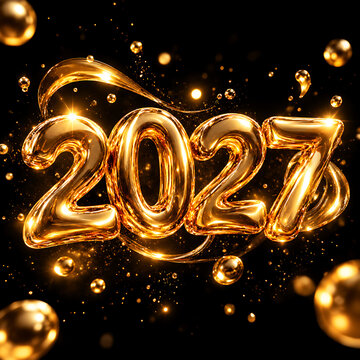 Happy New Year 2027 Golden 3D Number Balloons with Festive Sparkles on Black Background
