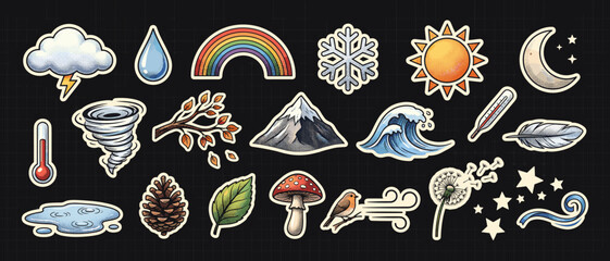 Obraz premium Weather nature sticker icons vector set with rainbow snowflake sun moon mountain wave mushroom pinecone feather leaf comic retro style seasonal graphics