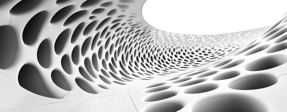 Abstract 3D black and white spiral design with curved lines and light effects in a tunnel pattern