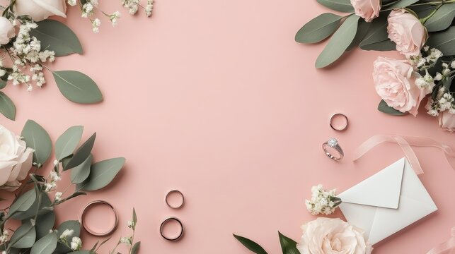 Elegant wedding rings and delicate blush pink roses with eucalyptus leaves create a romantic wedding invitation design on a soft pink background