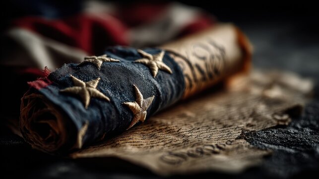 A rolled American flag rests atop a weathered copy of the Constitution, evoking themes of heritage, freedom, and the enduring spirit of patriotism
