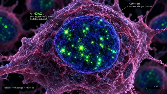 Scientific 3d visualization of glowing gamma-h2ax foci highlighting radiation-induced dna double-strand breaks inside a damaged cancer cell nucleus background