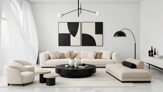 Modern minimalist living room with neutral sofa and large abstract wall art